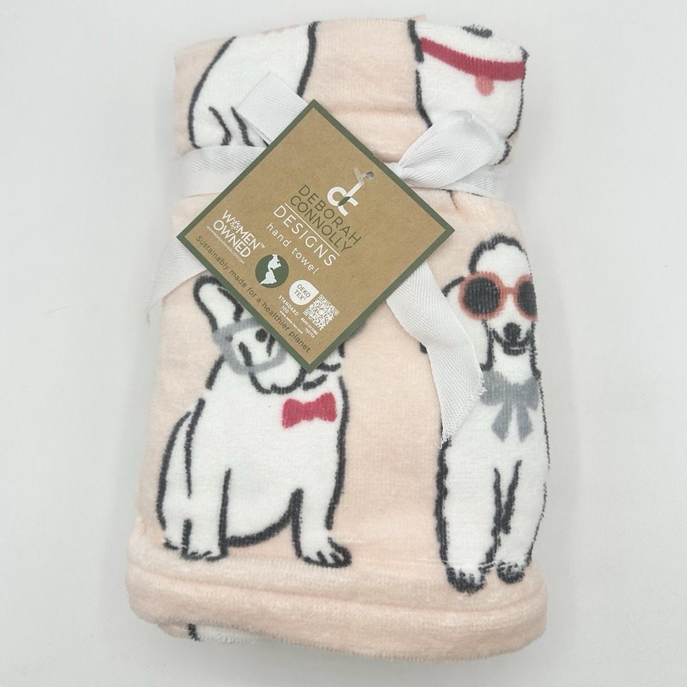 NEW Deborah Connolly Hand Towels Pink French Bulldog Frenchy Poodle Dogs 2 Pack
